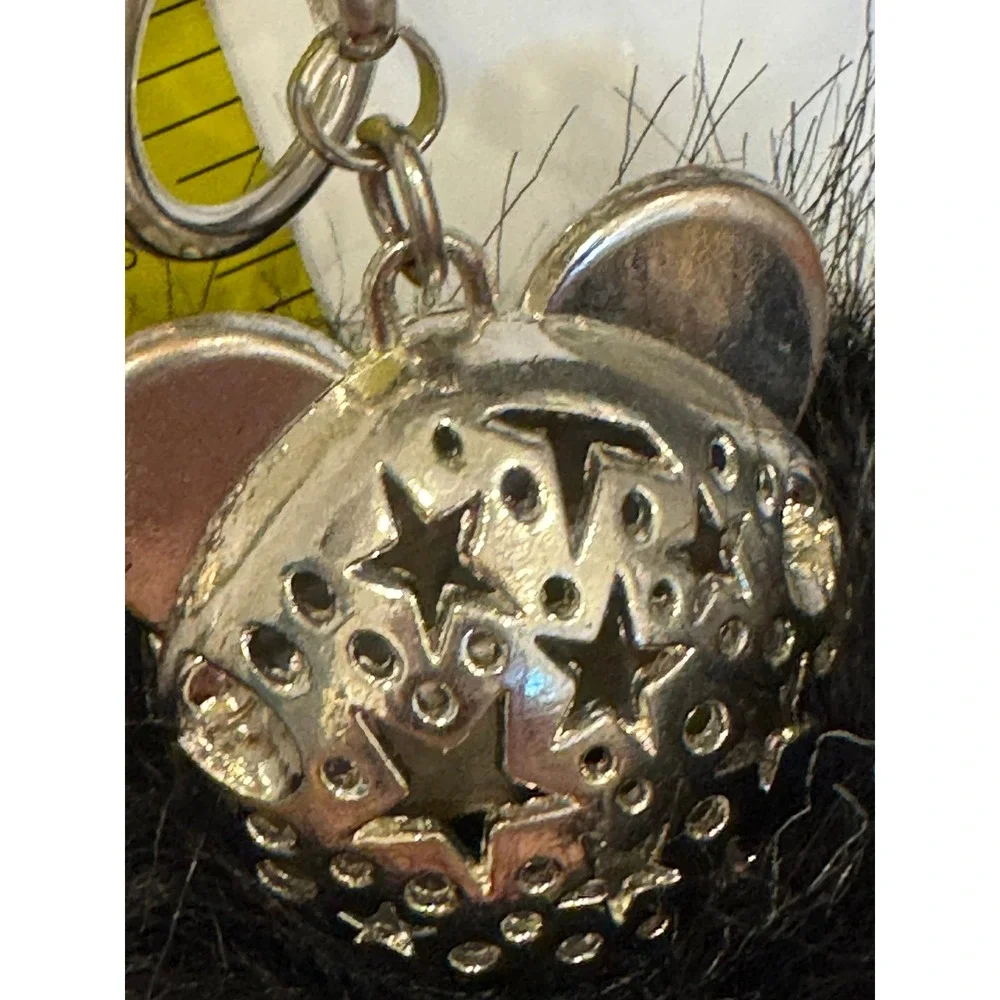 Black Faux Fur Pom Pom Bear Keychain Rhinestone Bag Charm Silver Tone Star Back